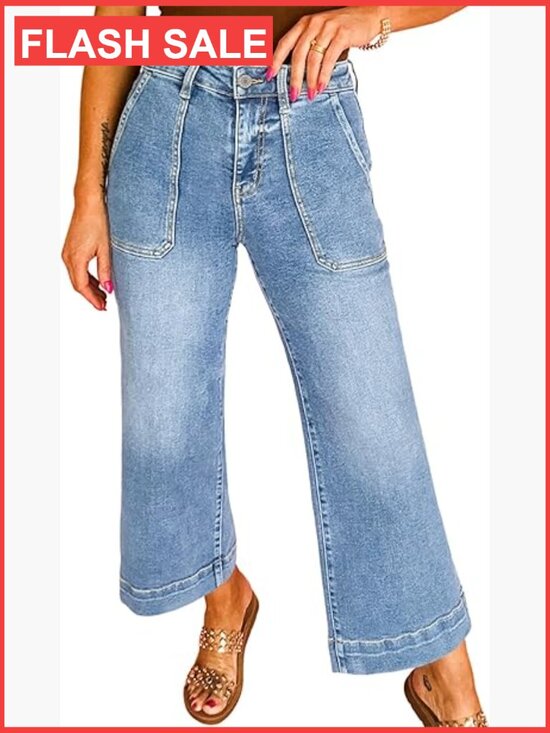 Denim - Stretchy Wide Leg High Waisted Jeans Tummy Control Cropped Ankle Denim Pants